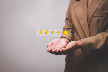 Customer pressing satisfaction with gold five star rating feedback icon and press level excellent...