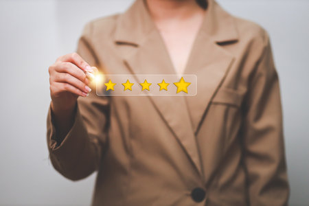 Customer pressing satisfaction with gold five star rating feedback icon and press level excellent...