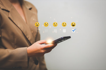 Customer pressing satisfaction with gold five star rating feedback icon and press level excellent rank for giving best score point to review the service , experience success business rate  concept.の写真素材