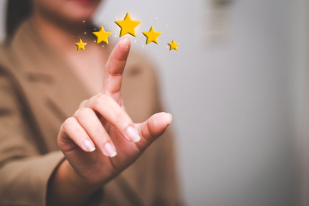 Customer pressing satisfaction with gold five star rating feedback icon and press level excellent...