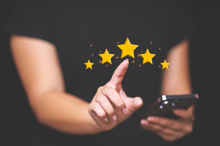 Customer pressing satisfaction with gold five star rating feedback icon and press level excellent...