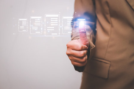 Business woman touching virtual monitor with document for online approve paperless quality assurance and ERP management concept.の写真素材