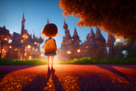 A children student with a bag goes to school.Back to schoolconcept. Generative AI.の素材