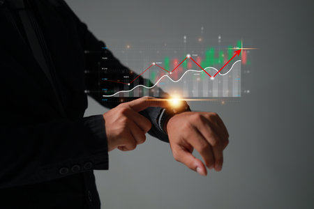 Analysis profitability positive indicators of working companies with digital augmented reality graphics.の写真素材