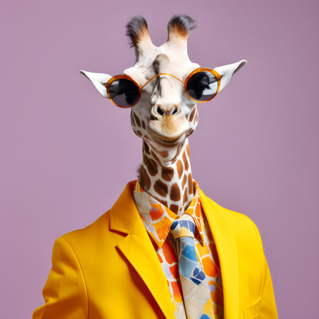 The Cool giraffe wearing suit clothes and glasses, Modern background. Concept Fashionable animals. Generative Ai.の素材