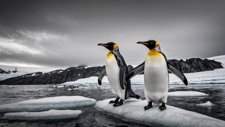 King Penguin (Aptenodytes patagonicus). contrast of its sleek black and white plumage, and the regal posture as it stands amidst the Antarctic landscape. Generative Ai.の素材