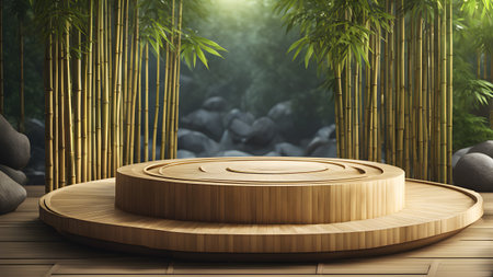 Natural Bamboo Podium, front view focus, with a Zen Garden Background, ideal for wellness and spa product displays. Generative AIの素材
