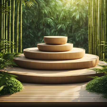 Natural Bamboo Podium, front view focus, with a Zen Garden Background, ideal for wellness and spa product displays. Generative AIの素材