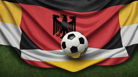 Generative AI. The symbolic power of success and victory. Classic soccer ball (football) has black and white color on Germany flag.の素材