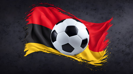 Generative AI. The symbolic power of success and victory. Classic soccer ball (football) has black and white color on Germany flag.の素材