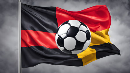 Generative AI. The symbolic power of success and victory. Classic soccer ball (football) has black and white color on Germany flag.の素材
