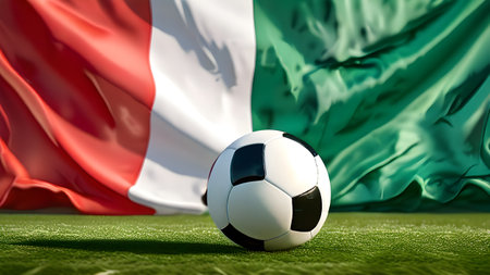 The symbolic power of success and victory. soccer ball on Italy flag background. Generative Ai.の素材