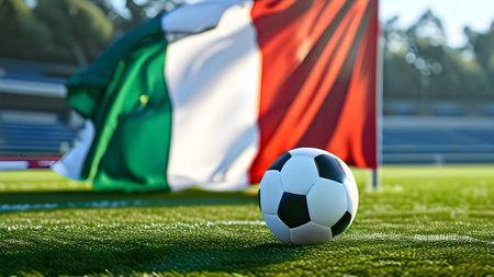 The symbolic power of success and victory. soccer ball on Italy flag background. Generative Ai.の素材