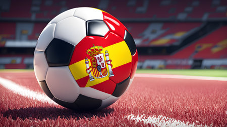 The symbolic power of success and victory. soccer ball on Spain flag background. Generative Ai.の素材