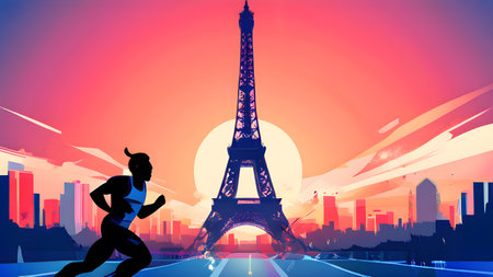 Olympics 2024 abstract illustration of athletes competing in various olympic sports ideal and the Eiffel Tower prominently. Generative ai.の素材