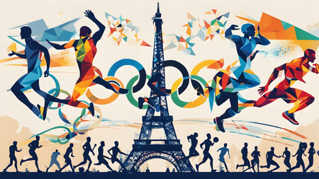 Olympics 2024 abstract illustration of athletes competing in various olympic sports ideal and the Eiffel Tower prominently. Generative ai.の素材