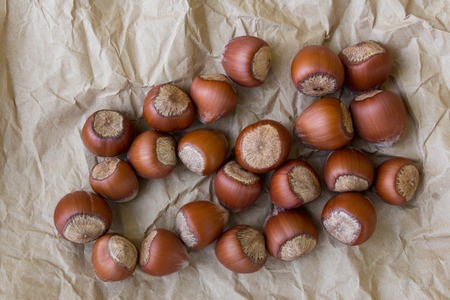 hazelnuts on wrinkled paperの写真素材