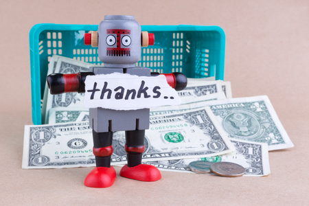 Thanks word on standing robotの写真素材
