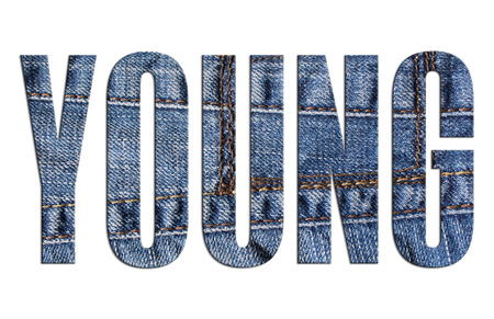 YOUNG  word with jeans texture on white backgroundの写真素材