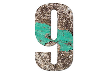 9, nine - with old concrete wall on white background