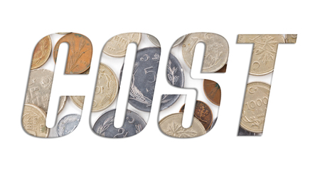 COST word with stack of old Turkish coins on white backgroundの写真素材