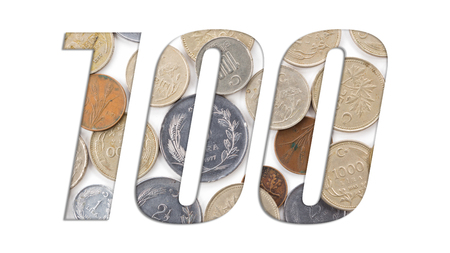 Number 100 - with stack of old Turkish coins on white background