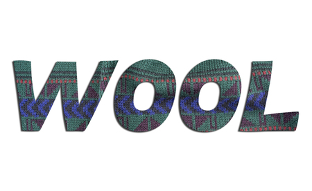 WOOL word with knitted sweater on white background