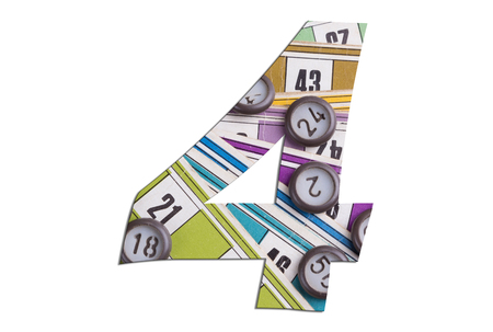 Number 4 with Lotto cards and game chips on white background