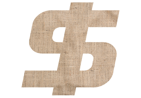 Dollar symbol with burlap texture on white backgroundの写真素材