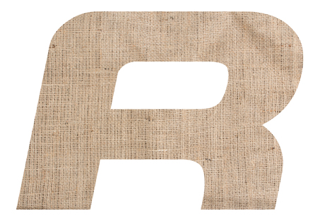 Letter R alphabet with burlap texture on white backgroundの写真素材