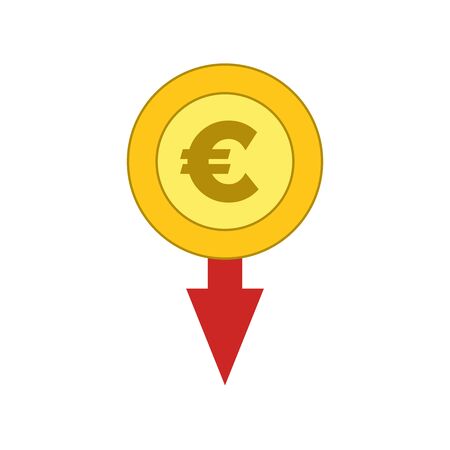 Isolated Euro coin and Euro symbol with moving down red arrow icon, vector.のイラスト素材