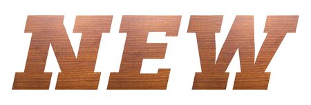 NEW word with brown wooden texture on white background.の写真素材