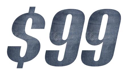 99 Dollar with jeans fabric texture on white background.の写真素材