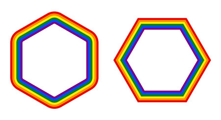 Rainbow colors hexagon shape frames,LGBT flag colors hexagon shape frames vector illustration.Template border.のイラスト素材
