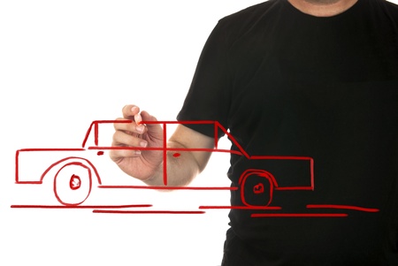 Man dreaming about a car on white backgroundの写真素材