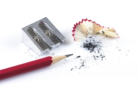 pencil, pencil sharpener and pencil peel on white backgroundの写真素材