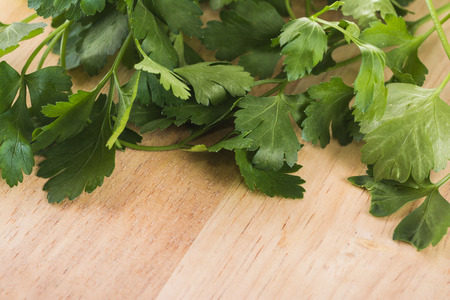 green leaves of parsley isolated on chopping boardの写真素材