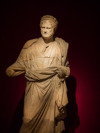 ANTALYA, TURKEY - FEBRUARY 24, 2017: Marble statues exhibited in gallery of gods and goddesses, at Antalya Archeological Museumのeditorial素材