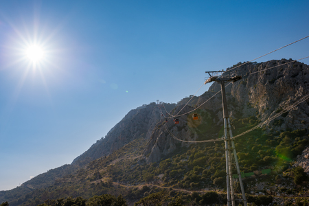 red cablecar going up to tunektepe in Antalya Turkeyの写真素材
