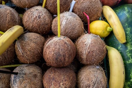 Pile of Coconuts ready for sale in market