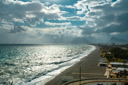 big waves hitting the Konyaalti coast on a stormy day.の写真素材