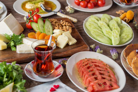 Delicious traditional turkish breakfast on tableの写真素材