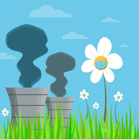 Thermal power station chimney with black smoke and Rural hilly landscape with daisies with protective medical mask in the foreground. Vector nature background.のイラスト素材