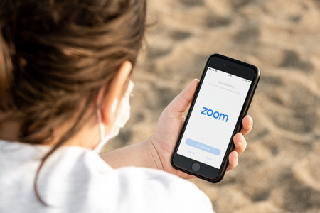 Antalya, TURKEY - December 02, 2020. Cell phone showing Zoom Cloud Meetings app logo. Zoom Meeting opening screenのeditorial素材