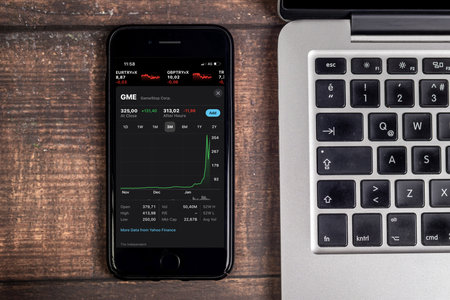 Antalya, TURKEY - January 30, 2021. GameStop Corp stock index is seen on an iPhone. GameStop's stock soars as small traders from a Reddit group team up against big institutions.のeditorial素材