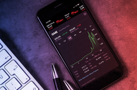 Antalya, TURKEY - January 30, 2021. GameStop Corp stock index is seen on an iPhone. GameStop's stock soars as small traders from a Reddit group team up against big institutions.のeditorial素材