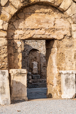 Sculptures and Ancient ruins in the Side Archeology Museum, Antalya, Turkey.のeditorial素材