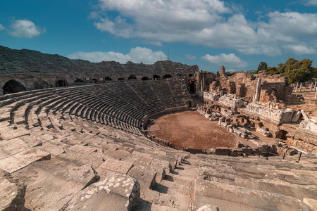 Ancient ruins and amphitheater in Side Antalya, Turkey.のeditorial素材