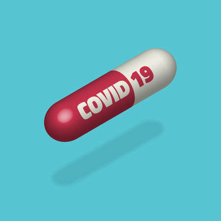 Red and white pill capsule with Covid 19 on it. Virus Outbreak Protection medical concept, Coronavirus COVID-19のイラスト素材