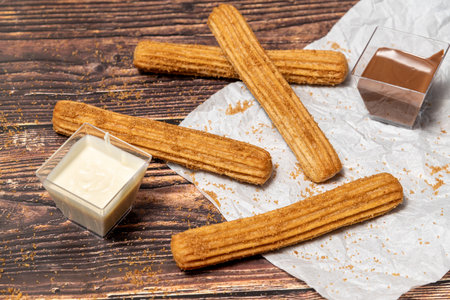 Hot churros with chocolate sauce on wooden table.
